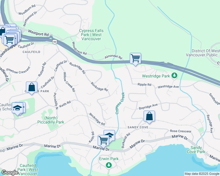 map of restaurants, bars, coffee shops, grocery stores, and more near 4278 Rockridge Place in West Vancouver