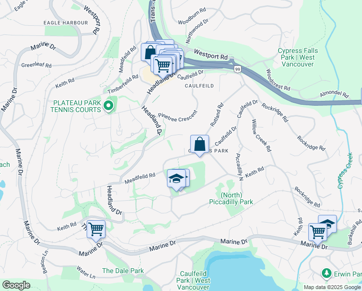 map of restaurants, bars, coffee shops, grocery stores, and more near 4637 Caulfeild Drive in West Vancouver