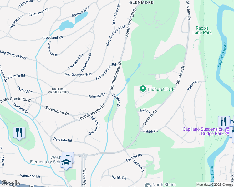 map of restaurants, bars, coffee shops, grocery stores, and more near 597 Hadden Drive in West Vancouver