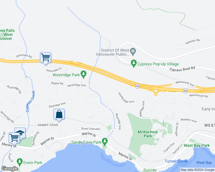map of restaurants, bars, coffee shops, grocery stores, and more near 3911 Southridge Avenue in West Vancouver
