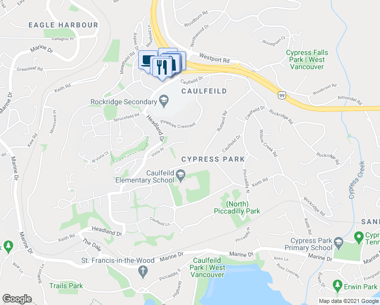 map of restaurants, bars, coffee shops, grocery stores, and more near 4639 Caulfeild Drive in West Vancouver