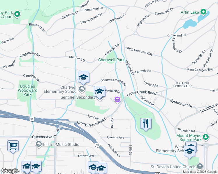 map of restaurants, bars, coffee shops, grocery stores, and more near 1231 Chartwell Drive in West Vancouver