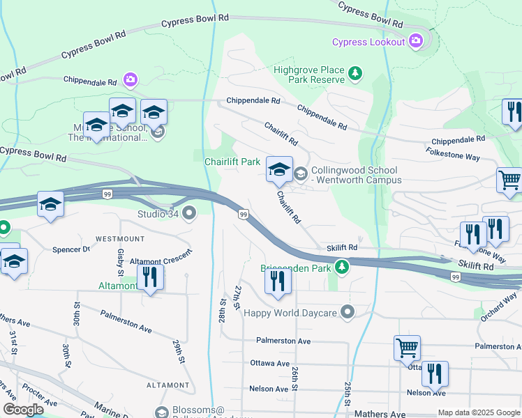 map of restaurants, bars, coffee shops, grocery stores, and more near 2735 Skilift Place in West Vancouver