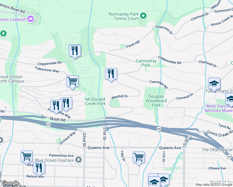 map of restaurants, bars, coffee shops, grocery stores, and more near 2327 Westhill Drive in West Vancouver
