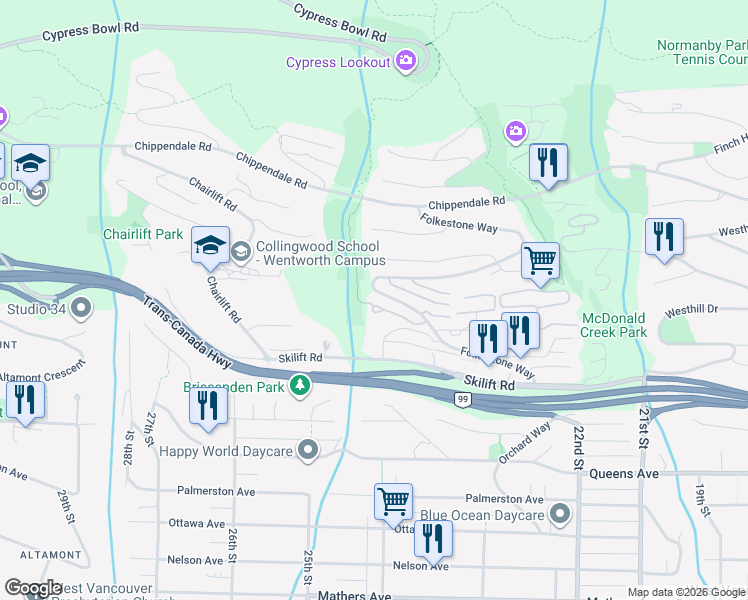 map of restaurants, bars, coffee shops, grocery stores, and more near 2472 Shadbolt Lane in West Vancouver