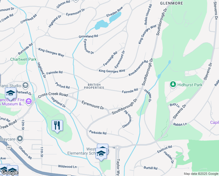 map of restaurants, bars, coffee shops, grocery stores, and more near 735 Fairmile Road in West Vancouver