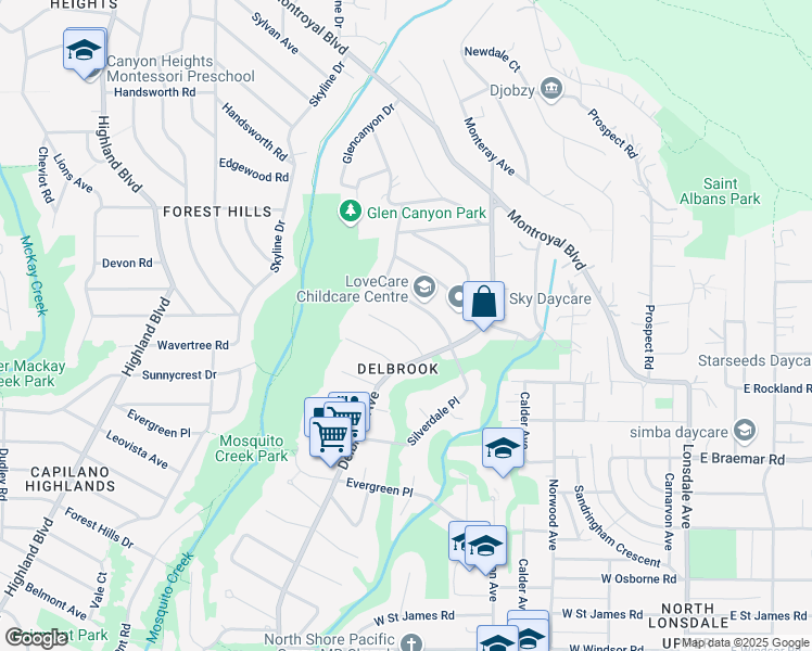 map of restaurants, bars, coffee shops, grocery stores, and more near 534 Granada Crescent in North Vancouver