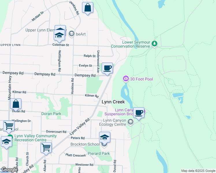 map of restaurants, bars, coffee shops, grocery stores, and more near 4120 Lynn Valley Road in North Vancouver