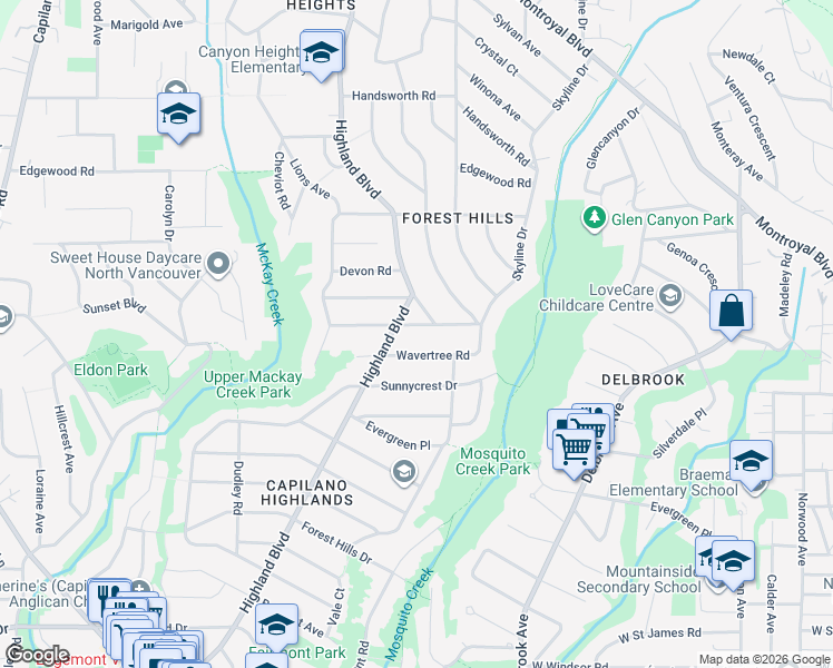 map of restaurants, bars, coffee shops, grocery stores, and more near in North Vancouver
