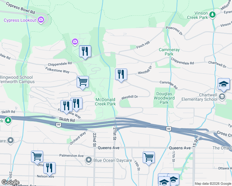 map of restaurants, bars, coffee shops, grocery stores, and more near 2478 Westhill Court in West Vancouver