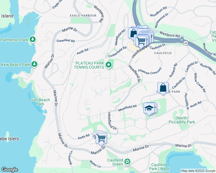 map of restaurants, bars, coffee shops, grocery stores, and more near 5401 West Vista Court in West Vancouver
