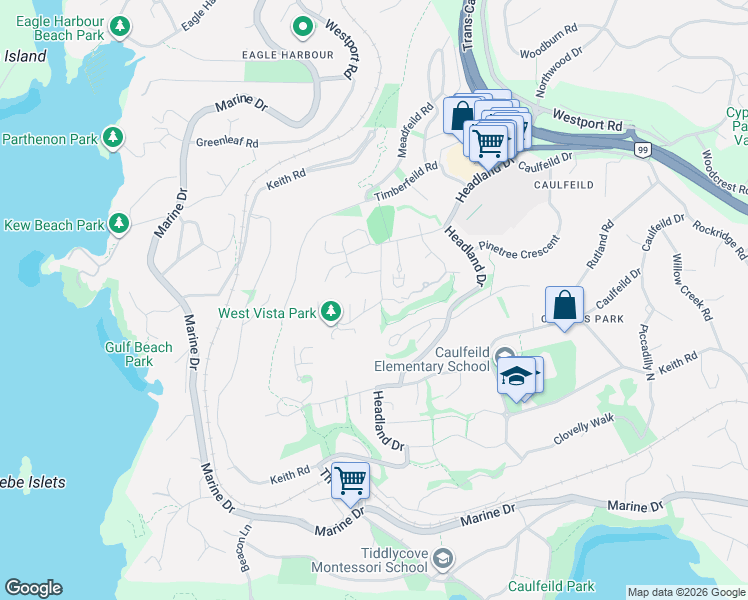 map of restaurants, bars, coffee shops, grocery stores, and more near 5401 West Vista Court in West Vancouver