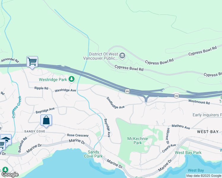 map of restaurants, bars, coffee shops, grocery stores, and more near 3850 Westridge Avenue in West Vancouver