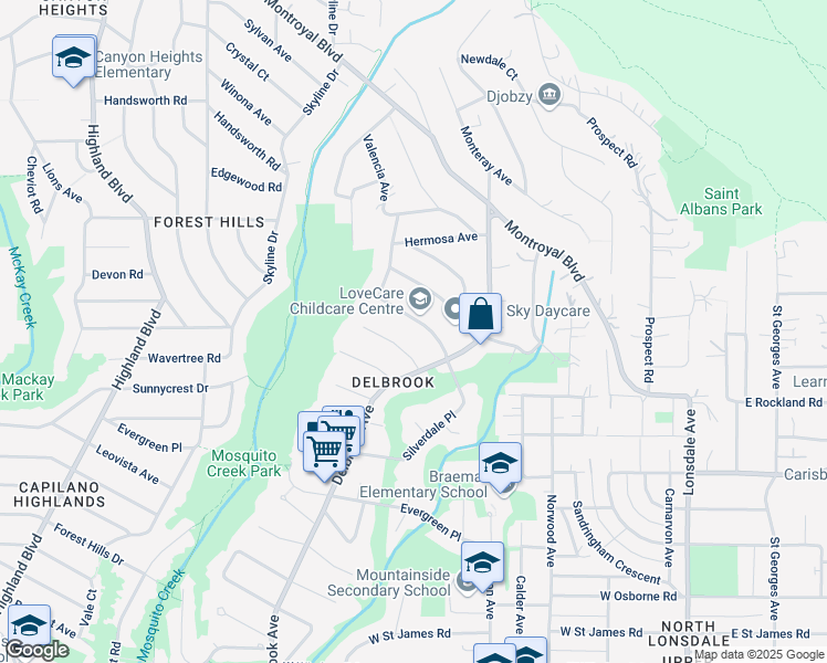 map of restaurants, bars, coffee shops, grocery stores, and more near 501 Saville Crescent in North Vancouver