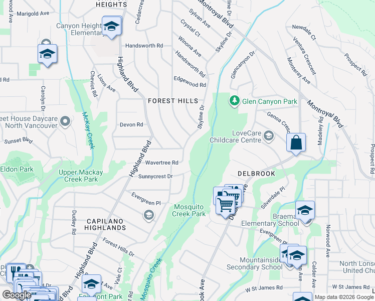 map of restaurants, bars, coffee shops, grocery stores, and more near 4072 Skyline Drive in North Vancouver