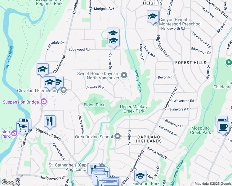 map of restaurants, bars, coffee shops, grocery stores, and more near 4062 Virginia Crescent in North Vancouver