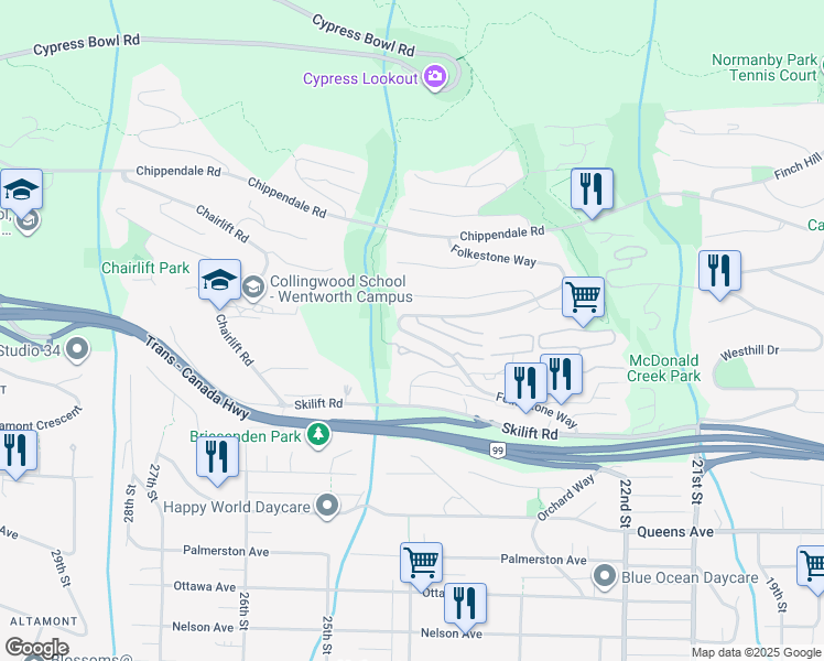 map of restaurants, bars, coffee shops, grocery stores, and more near 2336 Folkestone Way in West Vancouver