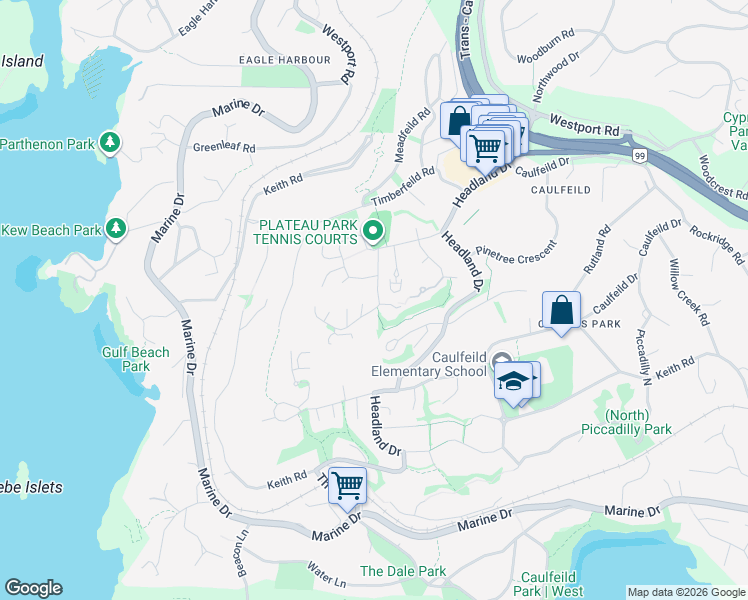 map of restaurants, bars, coffee shops, grocery stores, and more near 5401 West Vista Court in West Vancouver