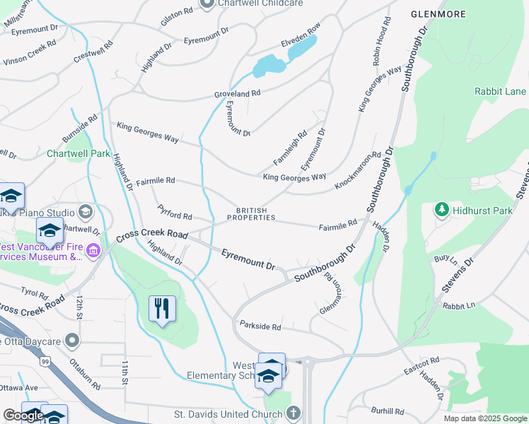 map of restaurants, bars, coffee shops, grocery stores, and more near 805 Eyremount Drive in West Vancouver
