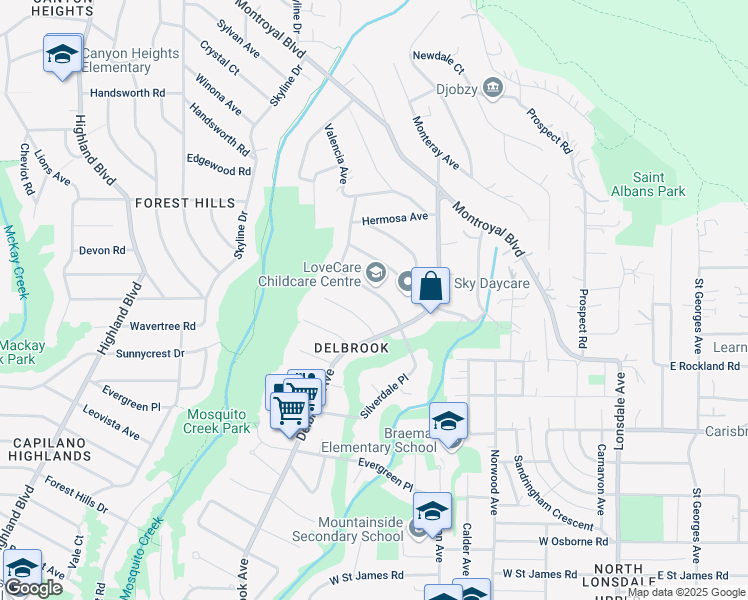 map of restaurants, bars, coffee shops, grocery stores, and more near 501 Saville Crescent in North Vancouver