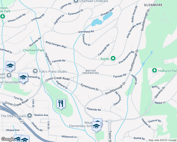 map of restaurants, bars, coffee shops, grocery stores, and more near Fairmile Road in West Vancouver