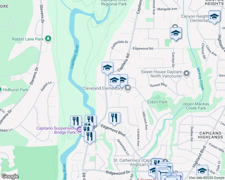 map of restaurants, bars, coffee shops, grocery stores, and more near 1261 Eldon Road in North Vancouver
