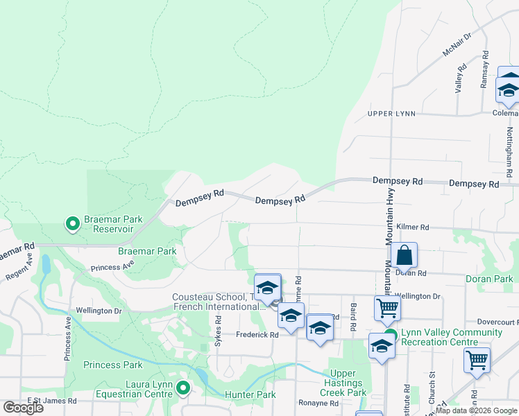 map of restaurants, bars, coffee shops, grocery stores, and more near 1017 Dempsey Road in North Vancouver