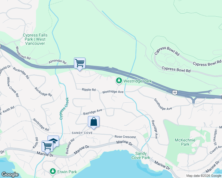 map of restaurants, bars, coffee shops, grocery stores, and more near 3975 Westridge Avenue in West Vancouver