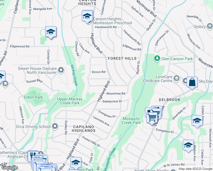 map of restaurants, bars, coffee shops, grocery stores, and more near Beaconsfield Road in North Vancouver