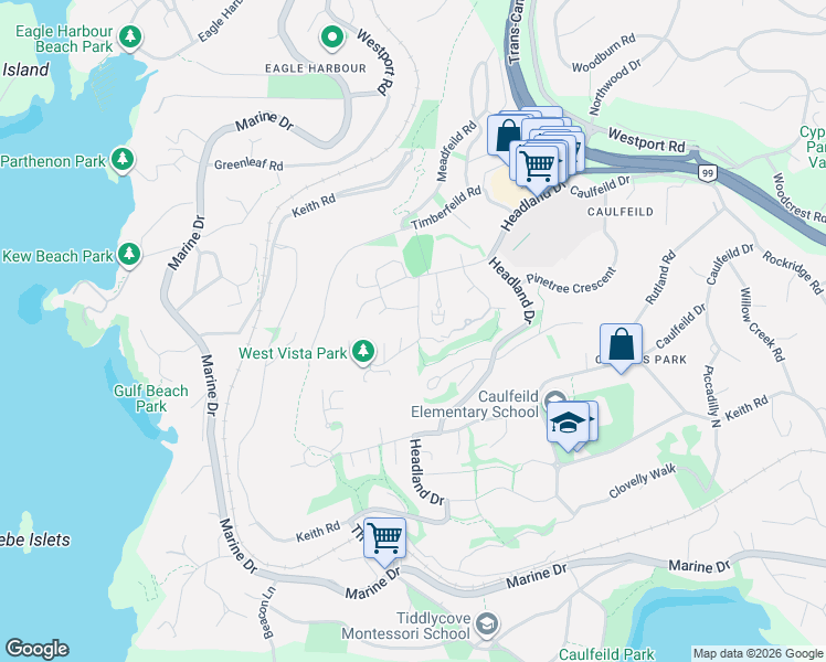 map of restaurants, bars, coffee shops, grocery stores, and more near 5401 West Vista Court in West Vancouver