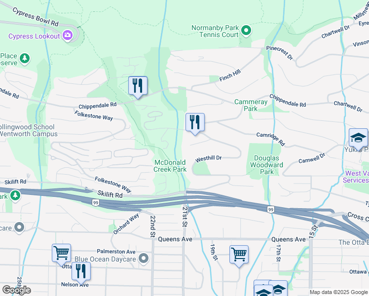 map of restaurants, bars, coffee shops, grocery stores, and more near 2490 Westhill Court in West Vancouver