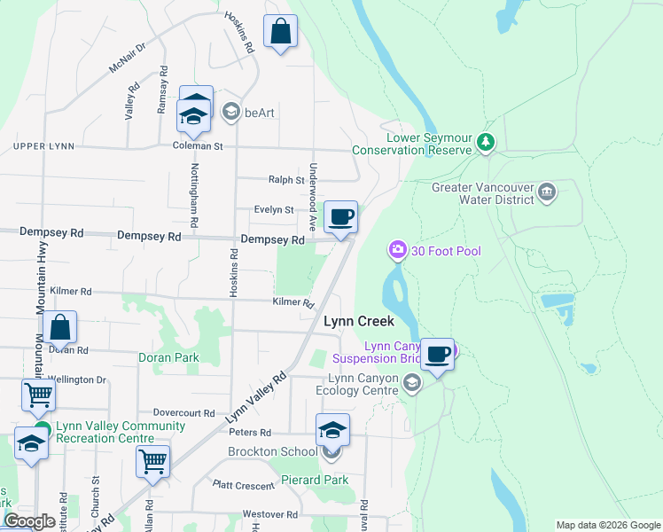 map of restaurants, bars, coffee shops, grocery stores, and more near 4117 Lynn Valley Road in North Vancouver