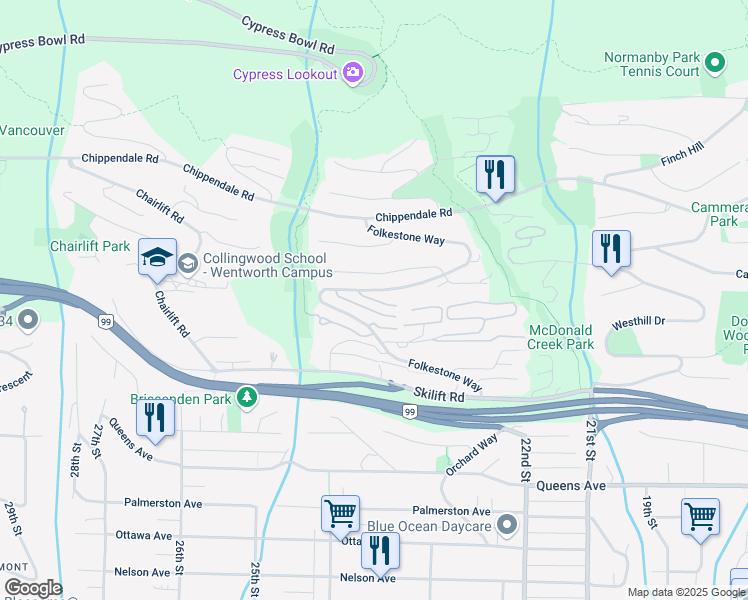 map of restaurants, bars, coffee shops, grocery stores, and more near Varley Lane in West Vancouver