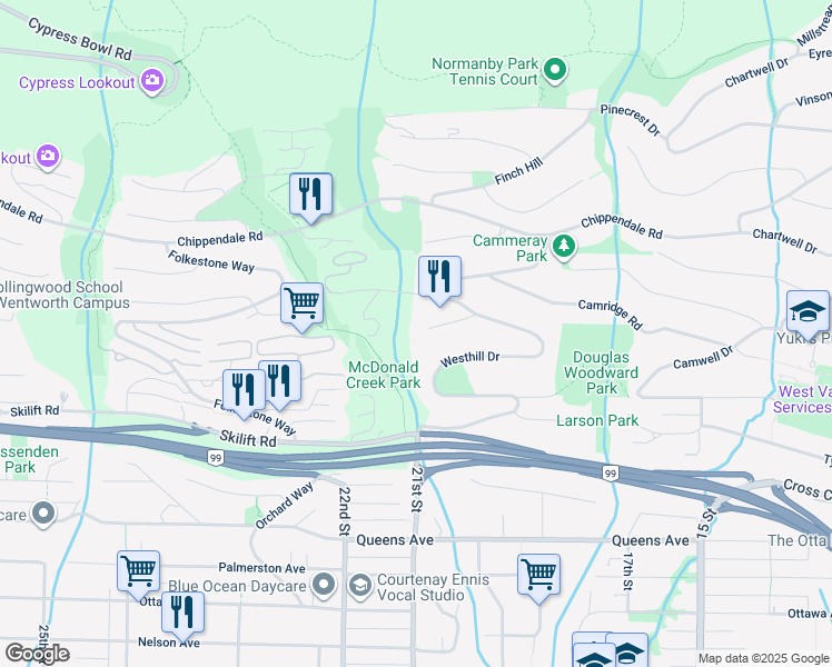 map of restaurants, bars, coffee shops, grocery stores, and more near 2490 Westhill Court in West Vancouver