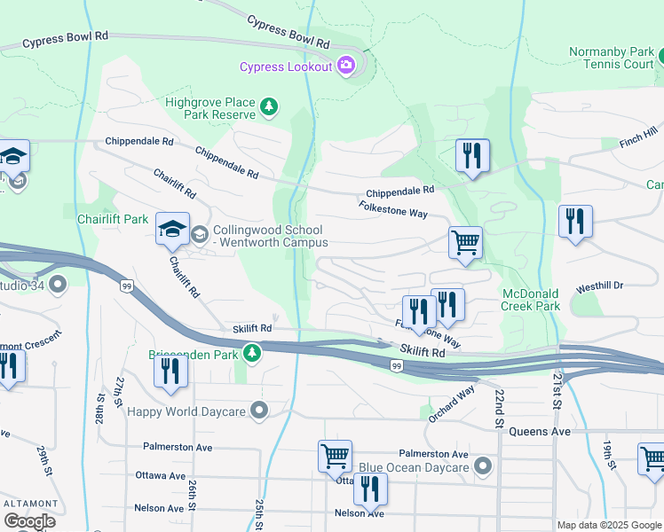 map of restaurants, bars, coffee shops, grocery stores, and more near 2416 Carr Lane in West Vancouver