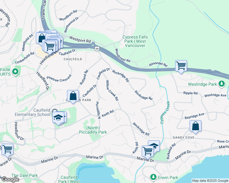 map of restaurants, bars, coffee shops, grocery stores, and more near 4670 Willow Creek Road in West Vancouver