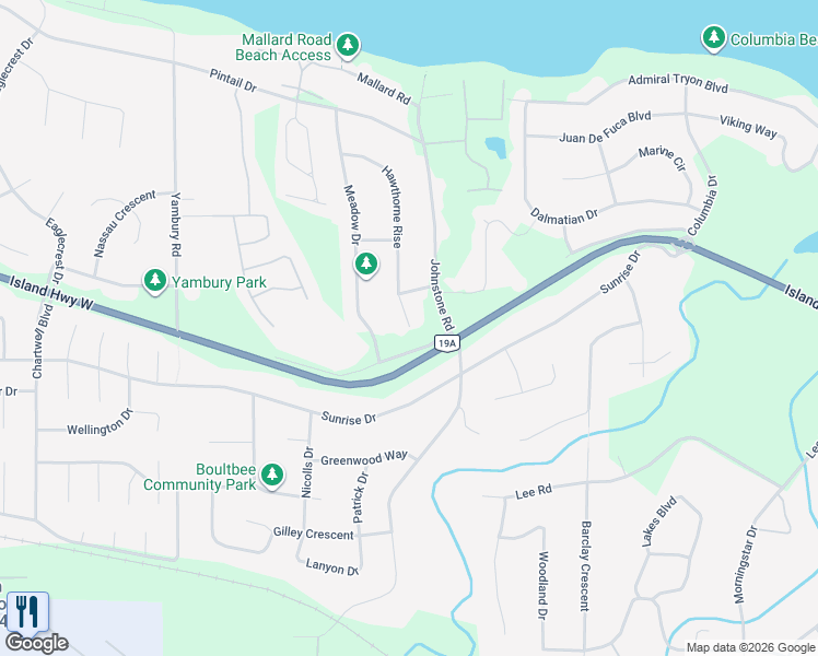 map of restaurants, bars, coffee shops, grocery stores, and more near 675 Hawthorne Rise in Parksville
