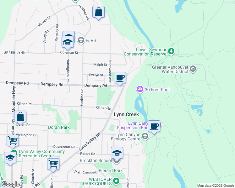 map of restaurants, bars, coffee shops, grocery stores, and more near 4125 Lynn Valley Road in North Vancouver