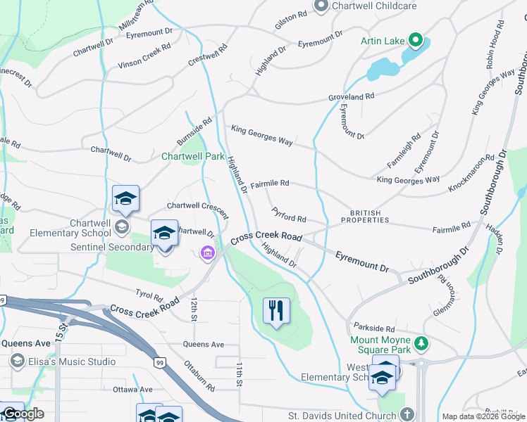 map of restaurants, bars, coffee shops, grocery stores, and more near 920 Pyrford Road in West Vancouver