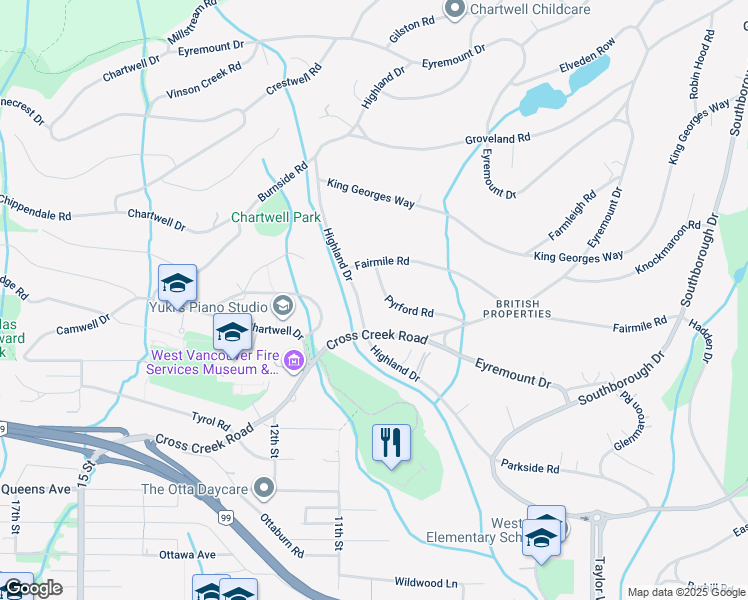 map of restaurants, bars, coffee shops, grocery stores, and more near 920 Pyrford Road in West Vancouver