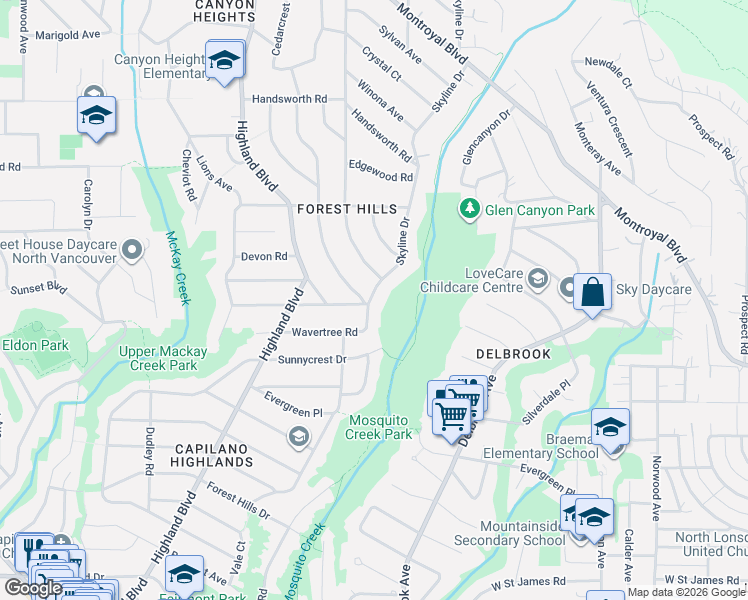 map of restaurants, bars, coffee shops, grocery stores, and more near 4084 Canterbury Crescent in North Vancouver