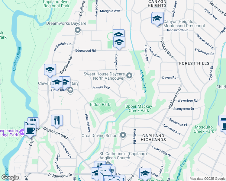 map of restaurants, bars, coffee shops, grocery stores, and more near 4080 Sunset Boulevard in North Vancouver