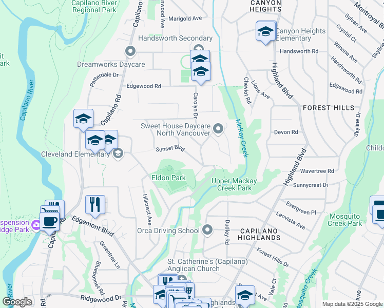 map of restaurants, bars, coffee shops, grocery stores, and more near 4080 Sunset Boulevard in North Vancouver