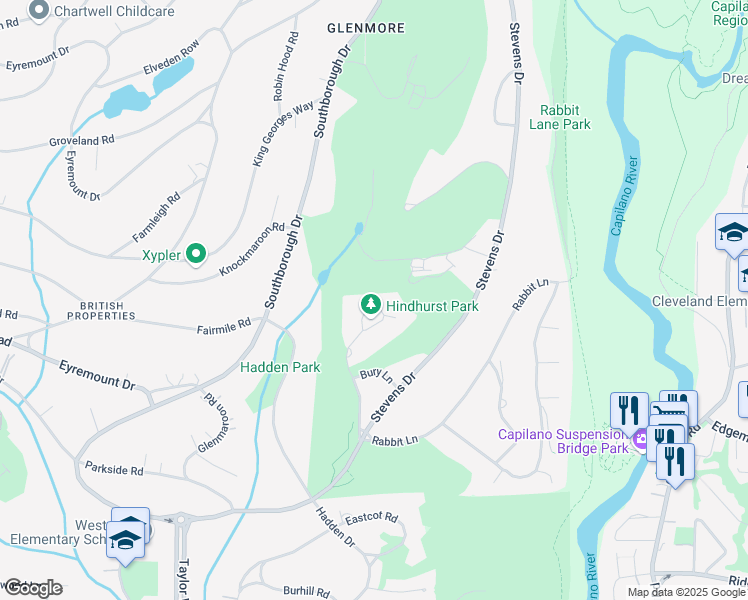map of restaurants, bars, coffee shops, grocery stores, and more near 375 Hidhurst Place in West Vancouver
