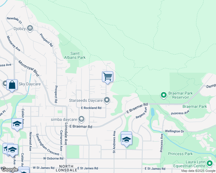 map of restaurants, bars, coffee shops, grocery stores, and more near 4120 Saint Marys Avenue in North Vancouver