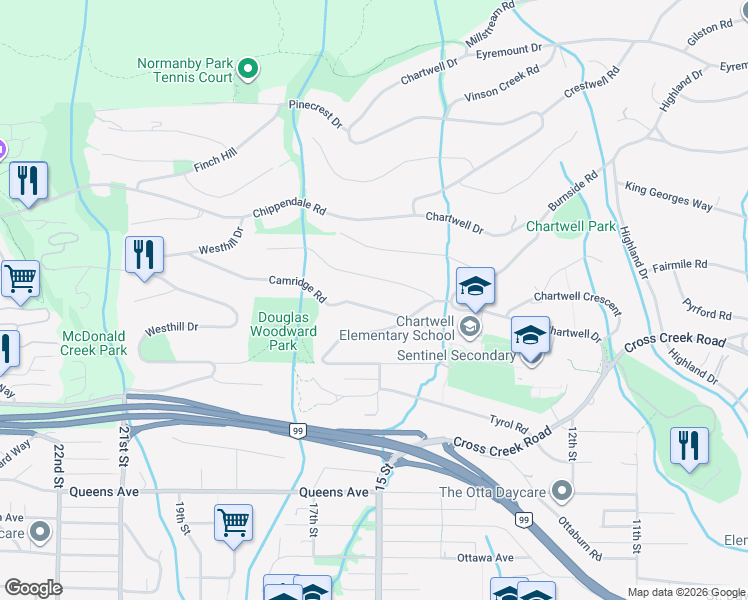 map of restaurants, bars, coffee shops, grocery stores, and more near 1335 Camridge Road in West Vancouver