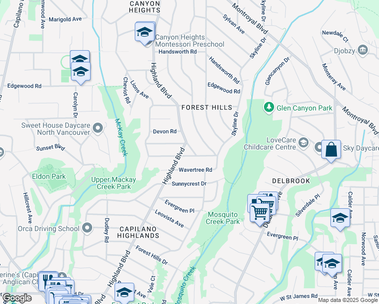 map of restaurants, bars, coffee shops, grocery stores, and more near 930 Beaconsfield Road in North Vancouver