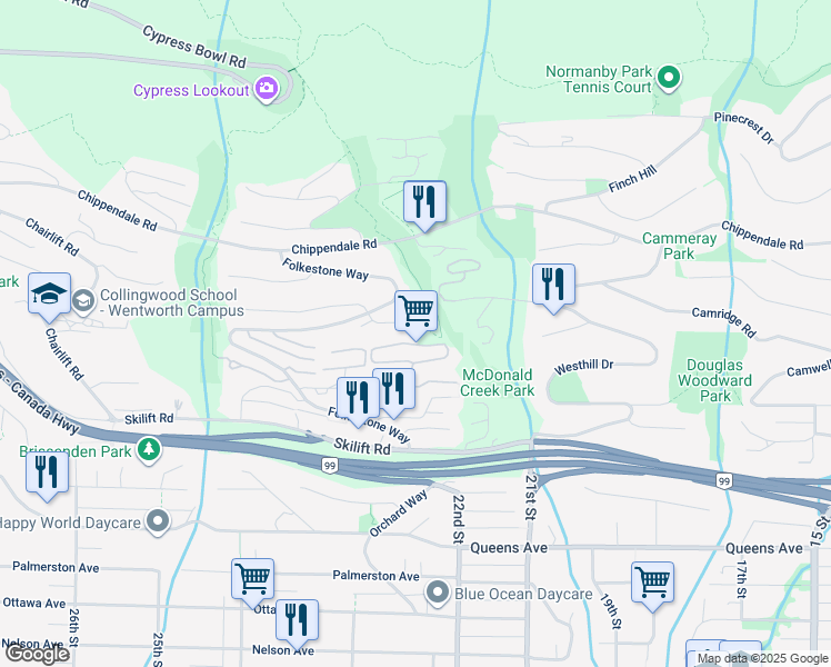 map of restaurants, bars, coffee shops, grocery stores, and more near 2228 Lythe Court in West Vancouver