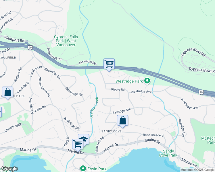 map of restaurants, bars, coffee shops, grocery stores, and more near in West Vancouver