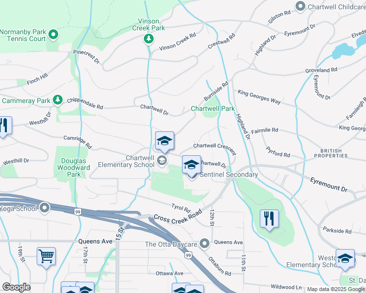 map of restaurants, bars, coffee shops, grocery stores, and more near 1285 Chartwell Crescent in West Vancouver